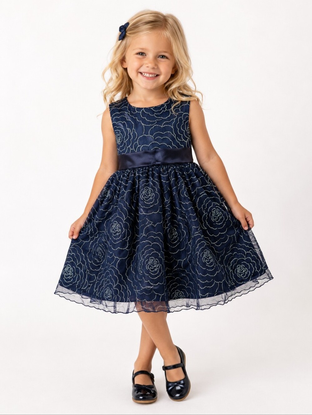 2/$40 Newberry Girls Navy Glitter Rose Dress – Size 4